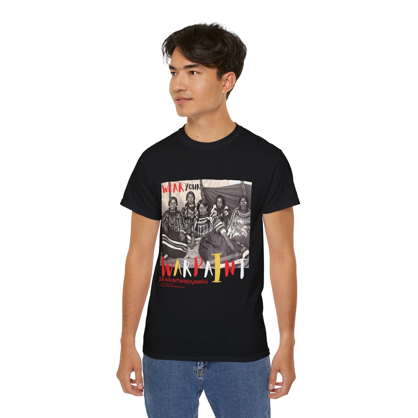 Siksikaitsiapyaakii (Blackfoot Woman) Unisex Ultra Cotton T-Shirt by Teague WestWolf GoodVoice (Blackfoot / Blackfeet Tribe - Browning, Montana) Native American Indigenous Made in the USA Unisex Ultra Cotton Tee