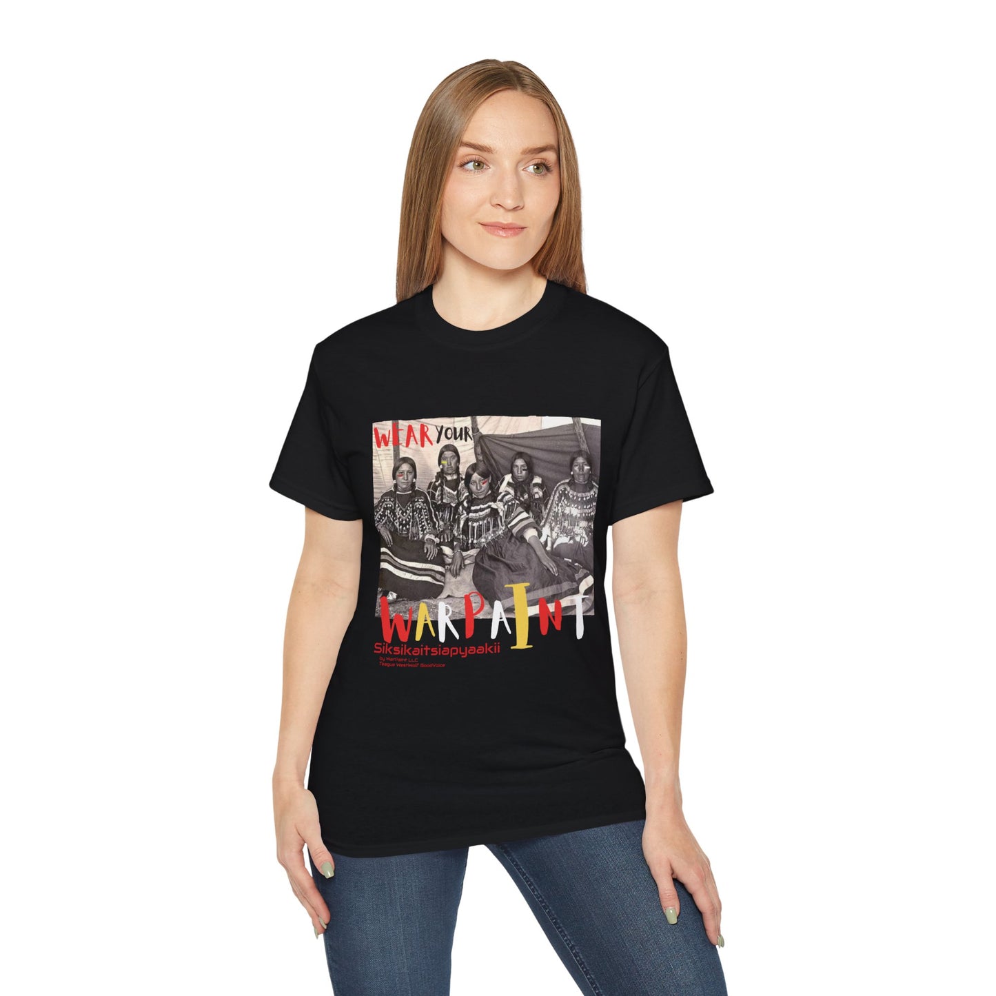 Siksikaitsiapyaakii (Blackfoot Woman) Unisex Ultra Cotton T-Shirt by Teague WestWolf GoodVoice (Blackfoot / Blackfeet Tribe - Browning, Montana) Native American Indigenous Made in the USA Unisex Ultra Cotton Tee