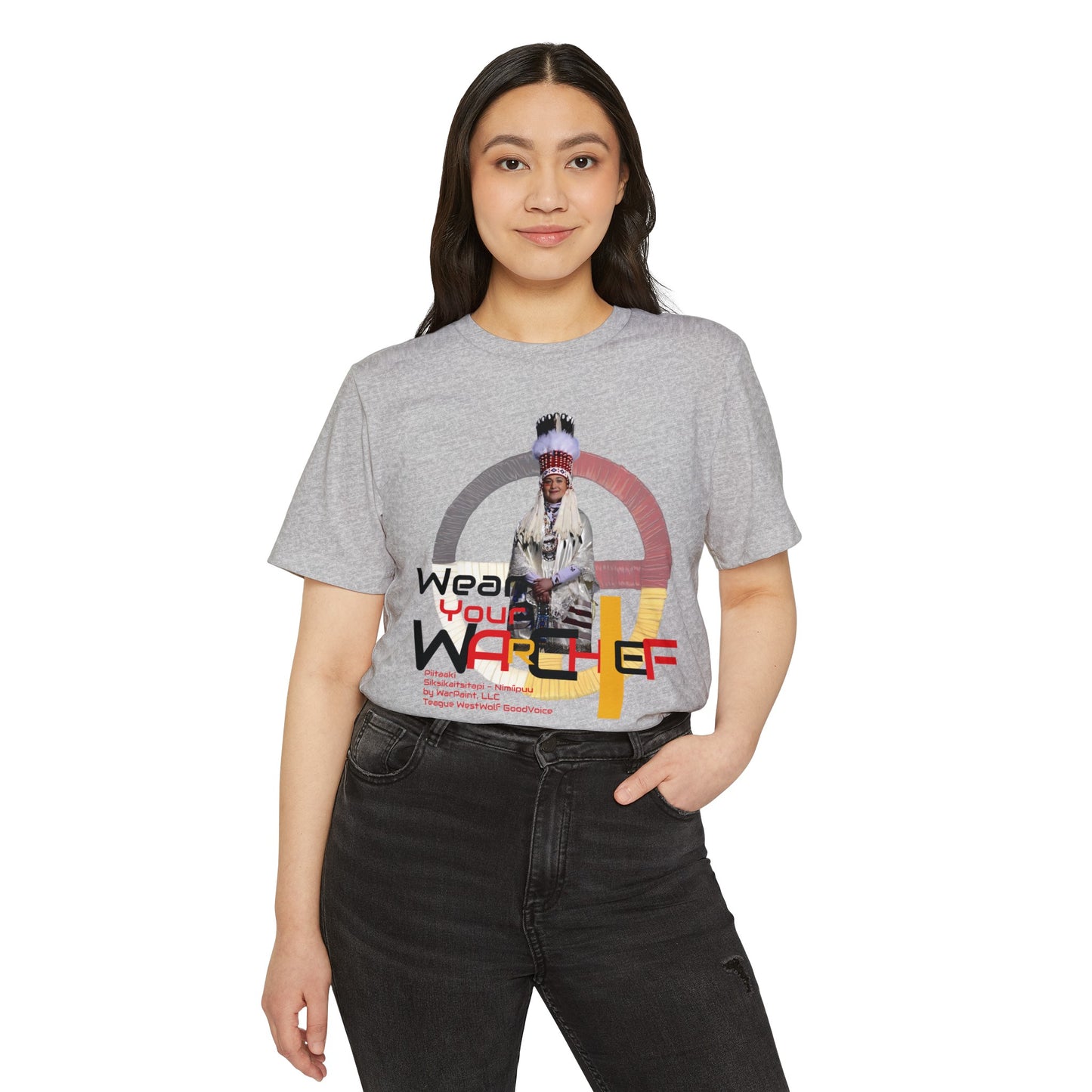 Wear Your WarChief - Piitaaki (Eagle Woman - Lily Gladstone) of the Siksikaitsitapi (Blackfoot Speaking Real People) - Unisex Recycled Organic T-Shirt