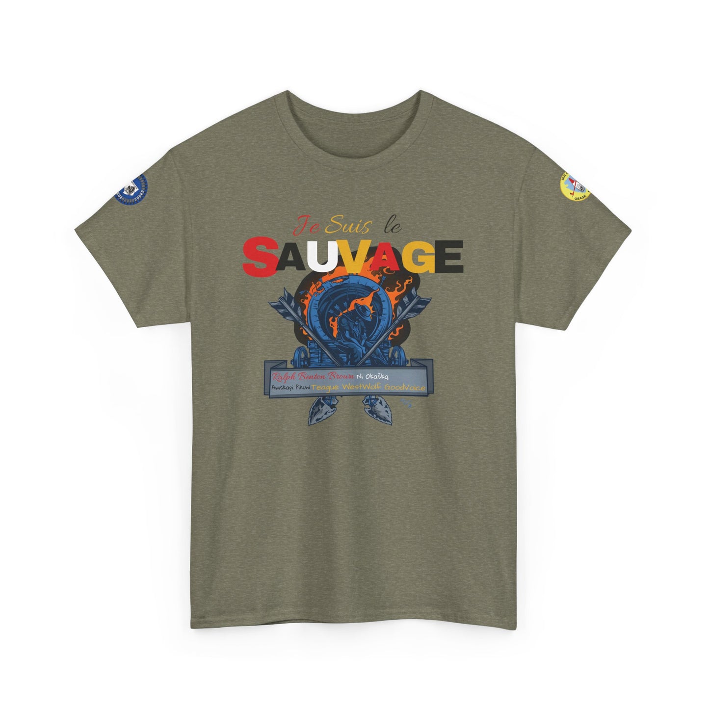 Je Suis Le Sauvage (I am the savage in French)- by Teague WestWolf GoodVoice (Blackfoot / Blackfeet Tribe - Browning, Montana) Featuring Ben Brown of the Ni Okašką Nation (Osage) - Native American Indigenous Made in the USA Unisex Heavy Cotton Tee