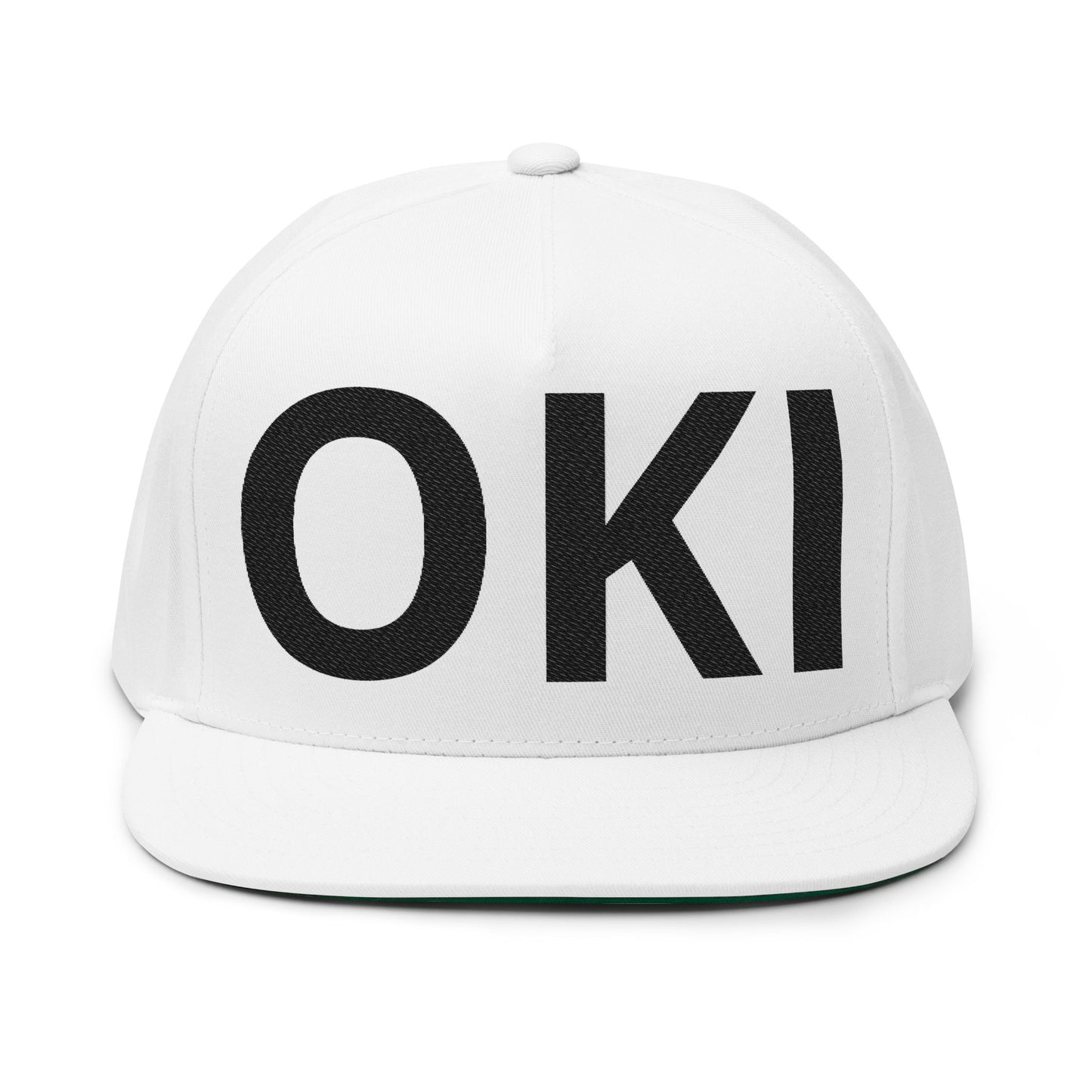 OKI /Hello in Blackfoot language - Embroidered Flat Bill Cap — Black Glitter Lettering Snapback