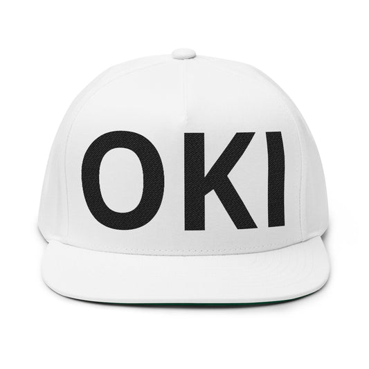 OKI /Hello in Blackfoot language - Embroidered Flat Bill Cap — Black Glitter Lettering Snapback