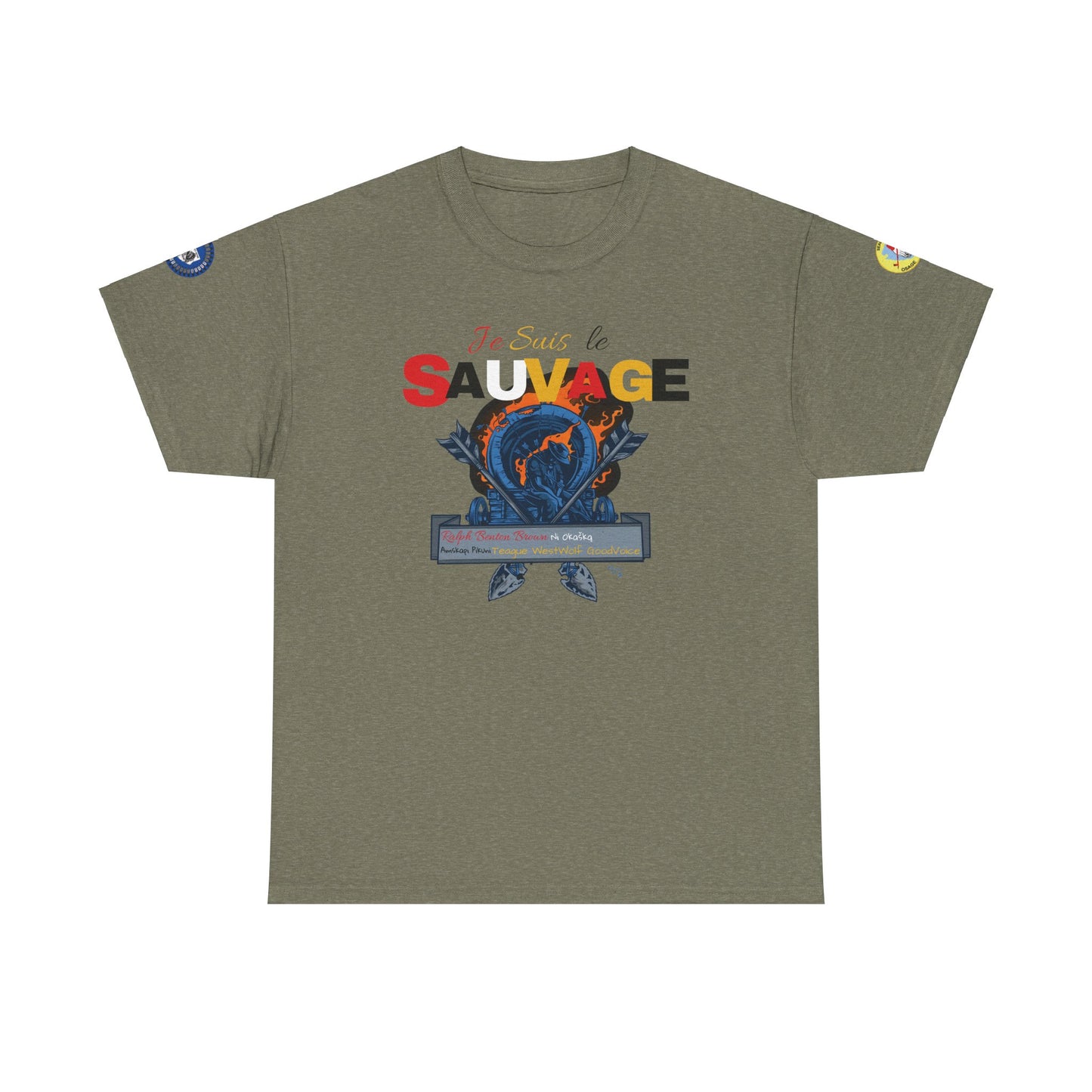 Je Suis Le Sauvage (I am the savage in French)- by Teague WestWolf GoodVoice (Blackfoot / Blackfeet Tribe - Browning, Montana) Featuring Ben Brown of the Ni Okašką Nation (Osage) - Native American Indigenous Made in the USA Unisex Heavy Cotton Tee