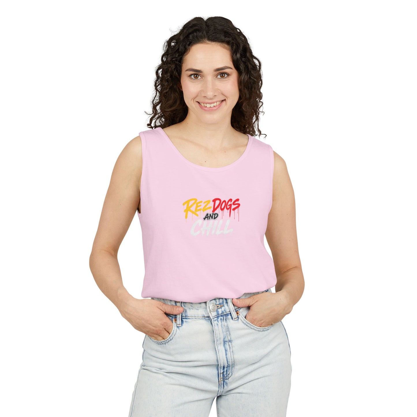 Tank Top — "Red Dogs and Chill" Retro Beach Vibe Sleeveless Tee