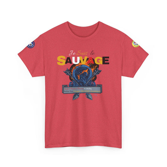 Je Suis Le Sauvage (I am the savage in French)- by Teague WestWolf GoodVoice (Blackfoot / Blackfeet Tribe - Browning, Montana) Featuring Ben Brown of the Ni Okašką Nation (Osage) - Native American Indigenous Made in the USA Unisex Heavy Cotton Tee