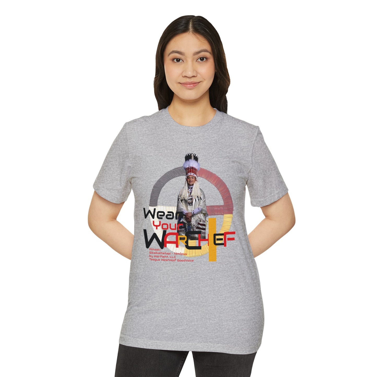 Wear Your WarChief - Piitaaki (Eagle Woman - Lily Gladstone) of the Siksikaitsitapi (Blackfoot Speaking Real People) - Unisex Recycled Organic T-Shirt