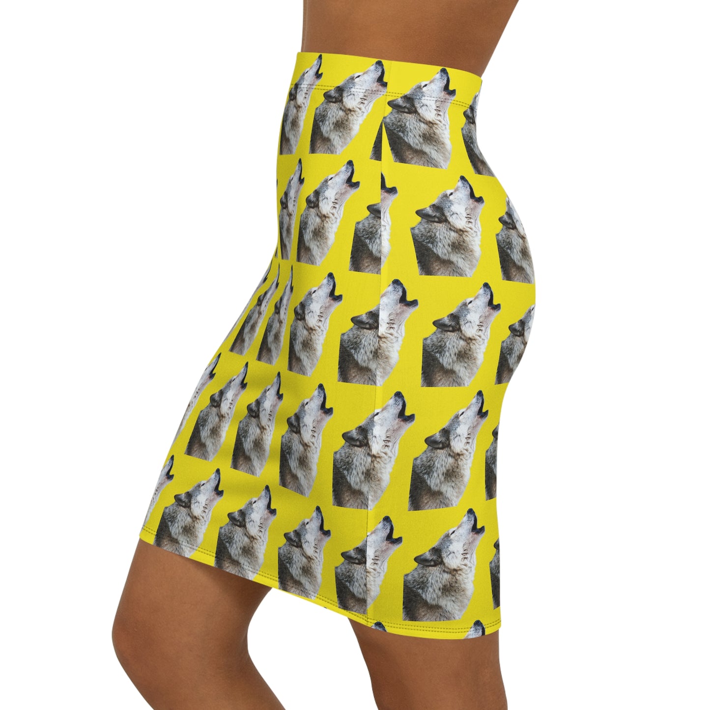 Howling Wolf Pattern Pencil Skirt – Yellow All-Over Print