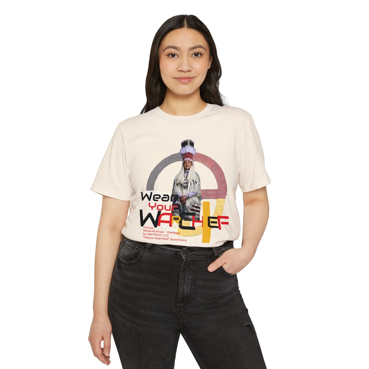 Wear Your WarChief - Piitaaki (Eagle Woman - Lily Gladstone) of the Siksikaitsitapi (Blackfoot Speaking Real People) - Unisex Recycled Organic T-Shirt