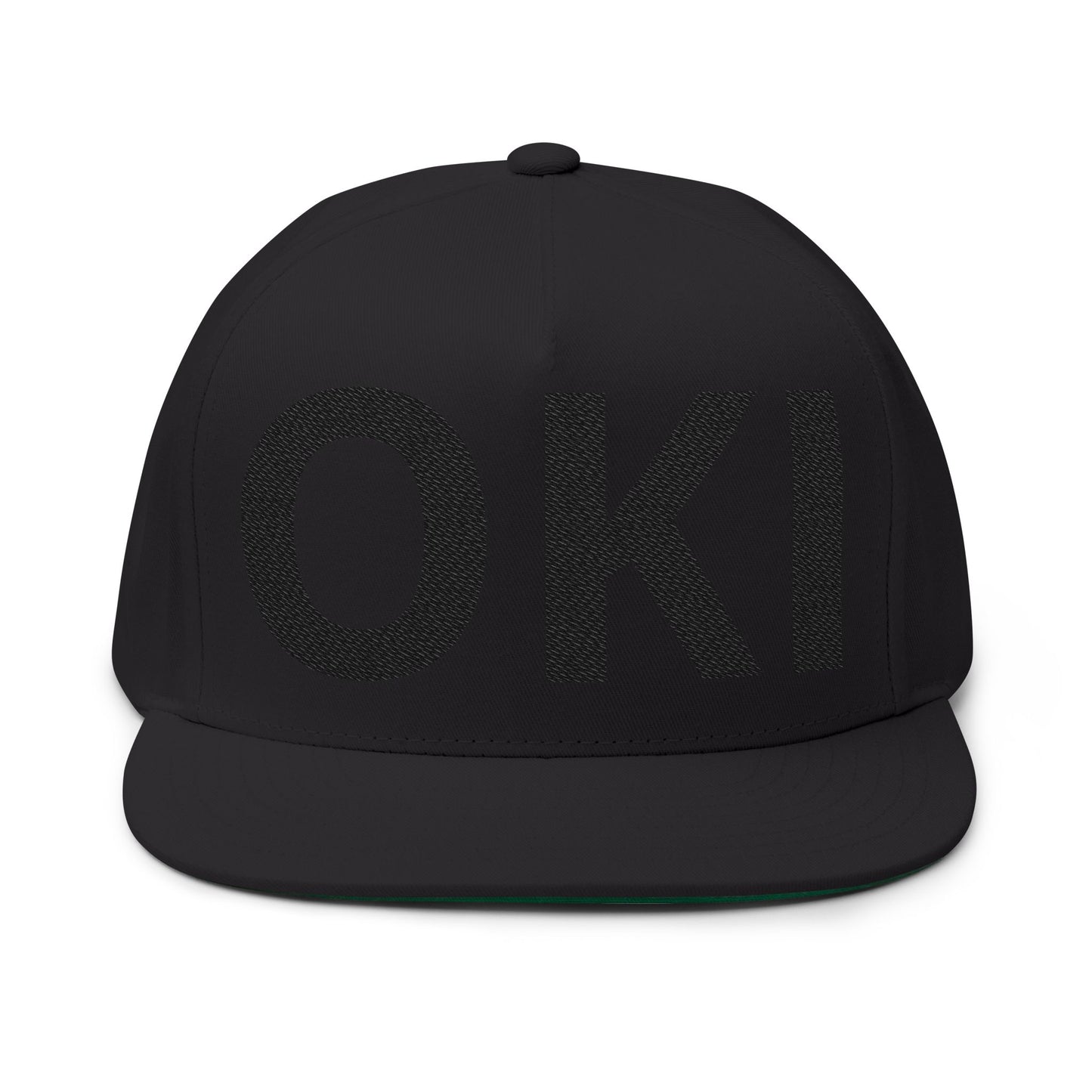 OKI /Hello in Blackfoot language - Embroidered Flat Bill Cap — Black Glitter Lettering Snapback