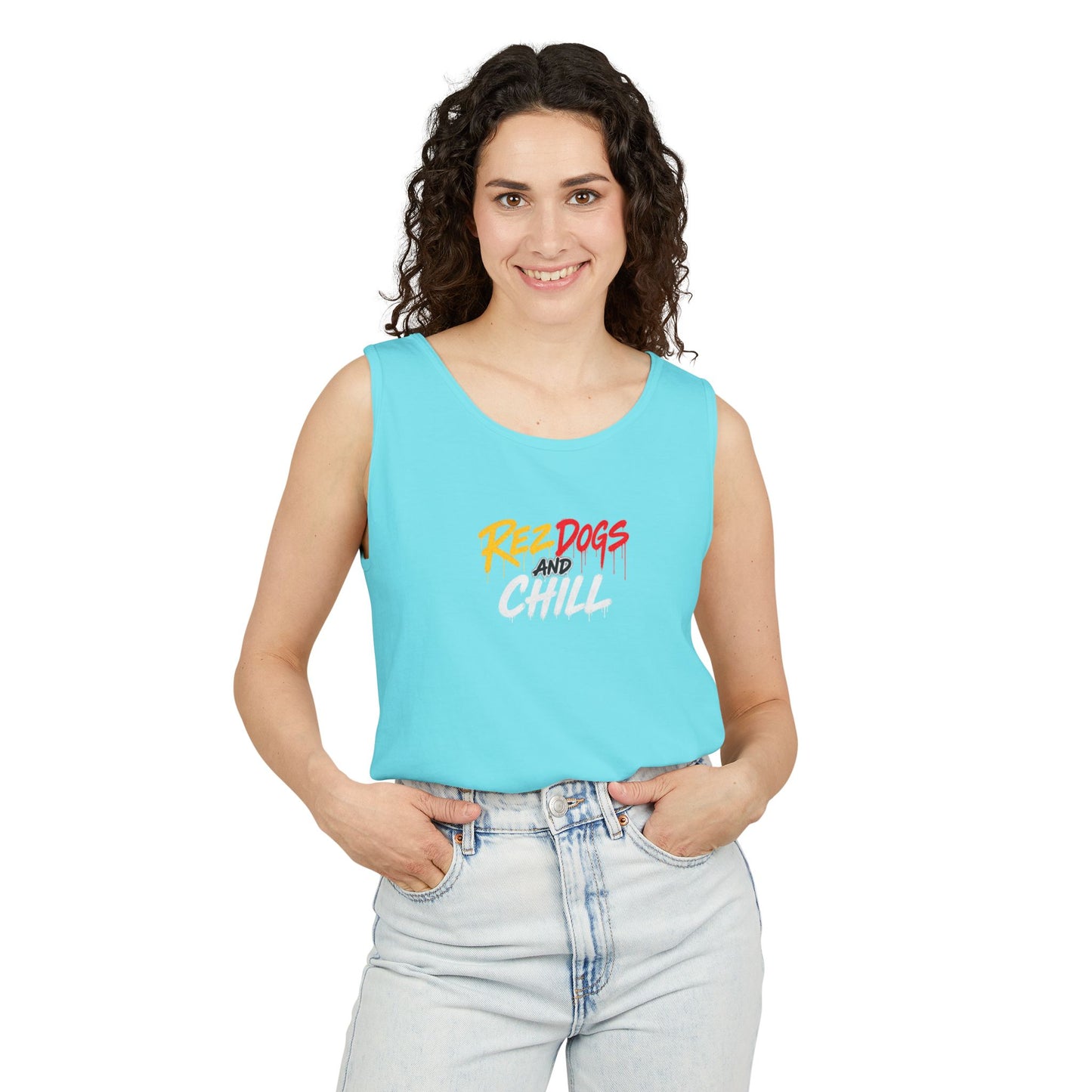 Tank Top — "Red Dogs and Chill" Retro Beach Vibe Sleeveless Tee