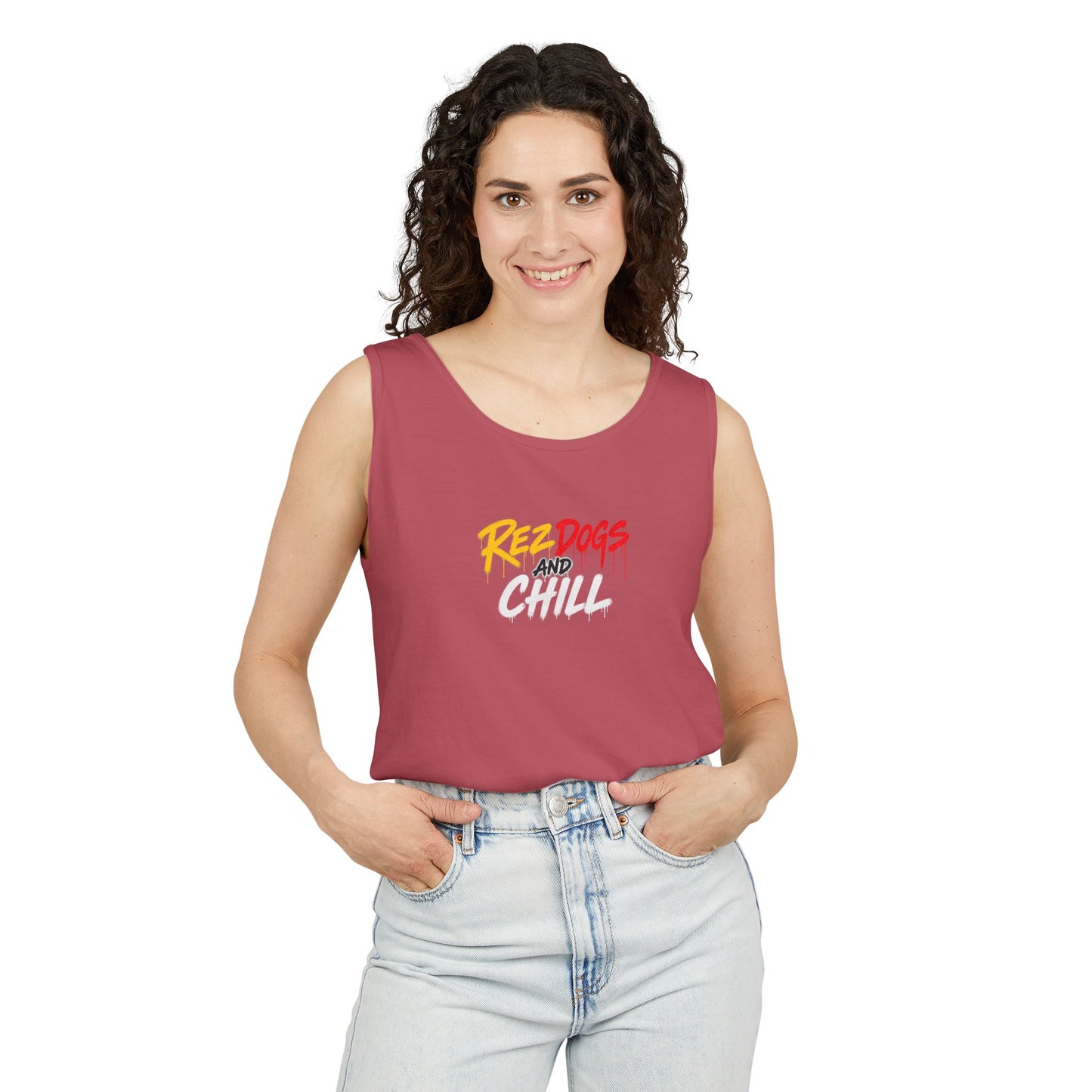 Tank Top — "Red Dogs and Chill" Retro Beach Vibe Sleeveless Tee