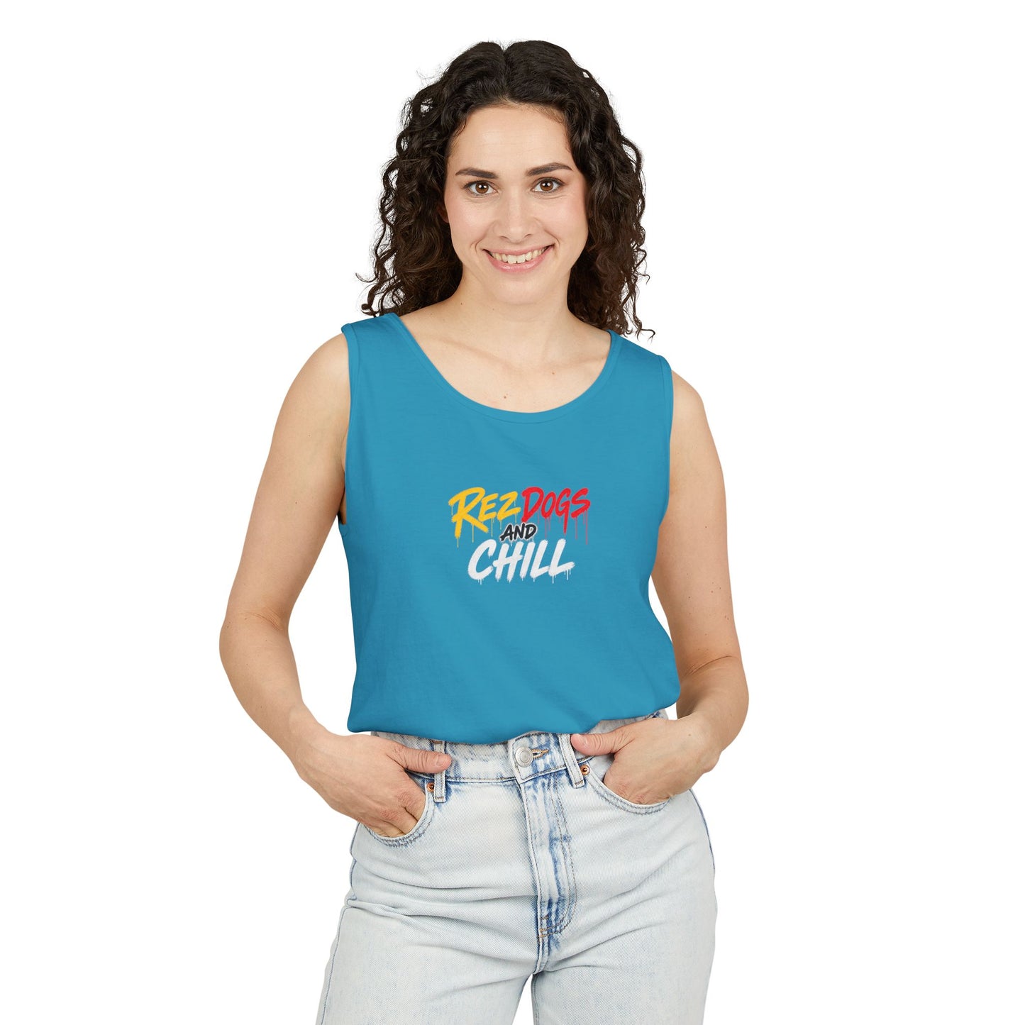 Tank Top — "Red Dogs and Chill" Retro Beach Vibe Sleeveless Tee
