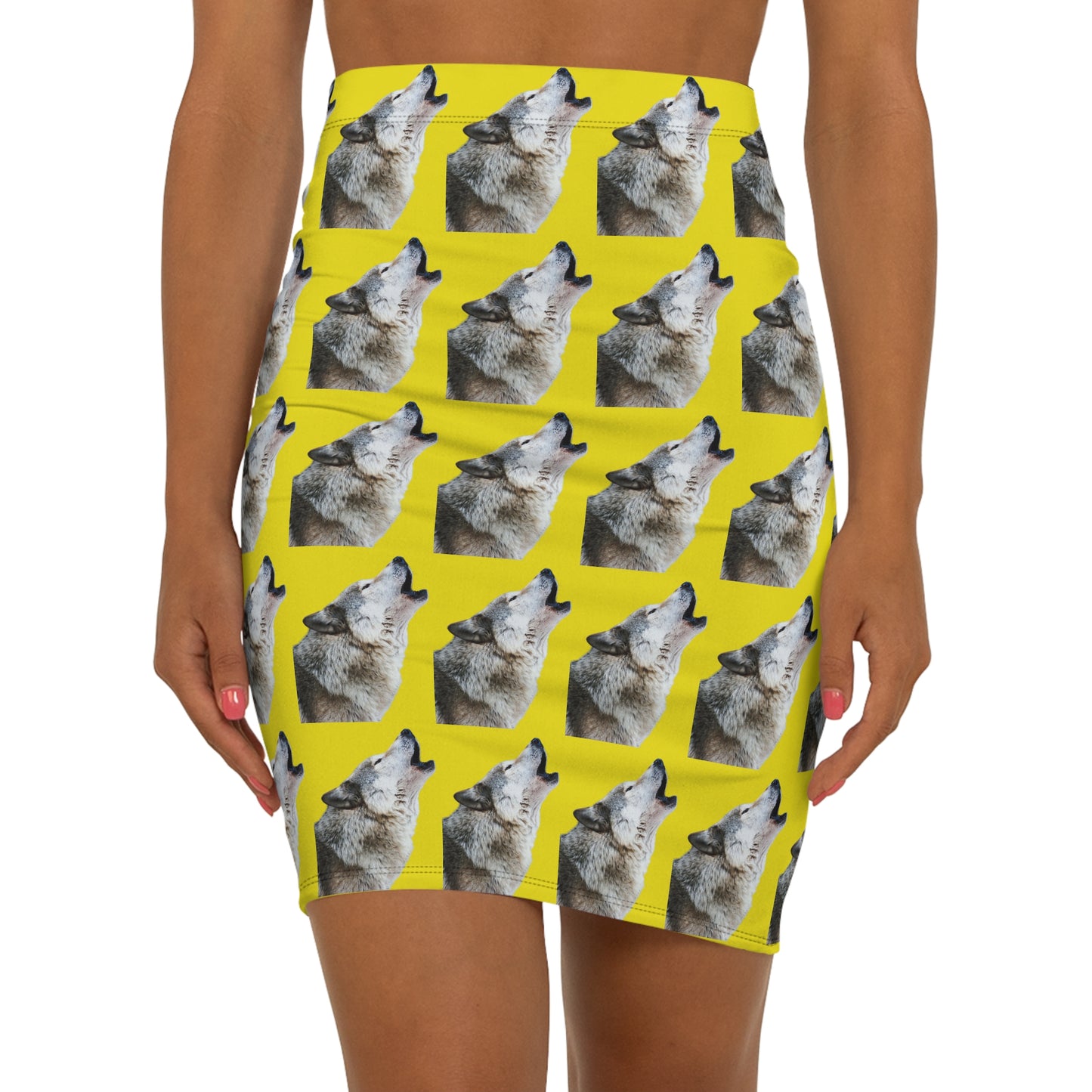 Howling Wolf Pattern Pencil Skirt – Yellow All-Over Print