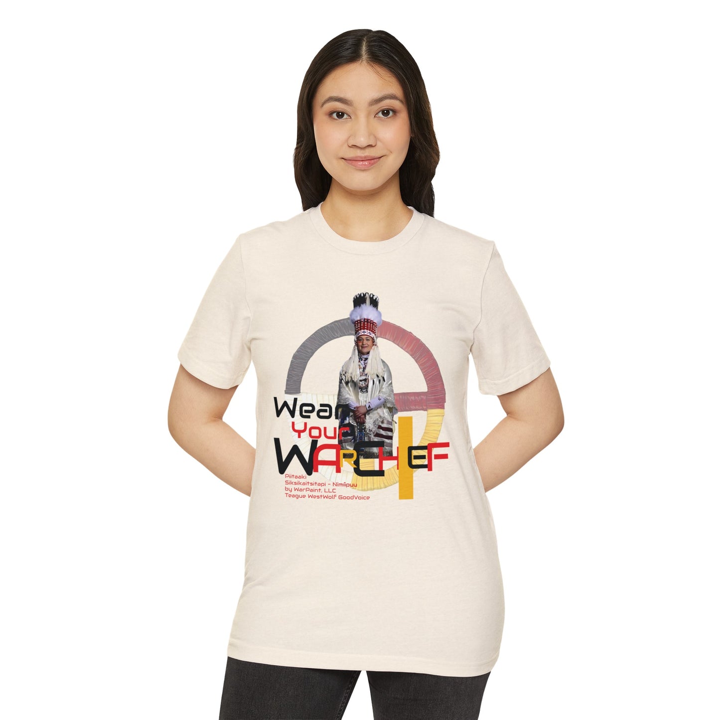 Wear Your WarChief - Piitaaki (Eagle Woman - Lily Gladstone) of the Siksikaitsitapi (Blackfoot Speaking Real People) - Unisex Recycled Organic T-Shirt