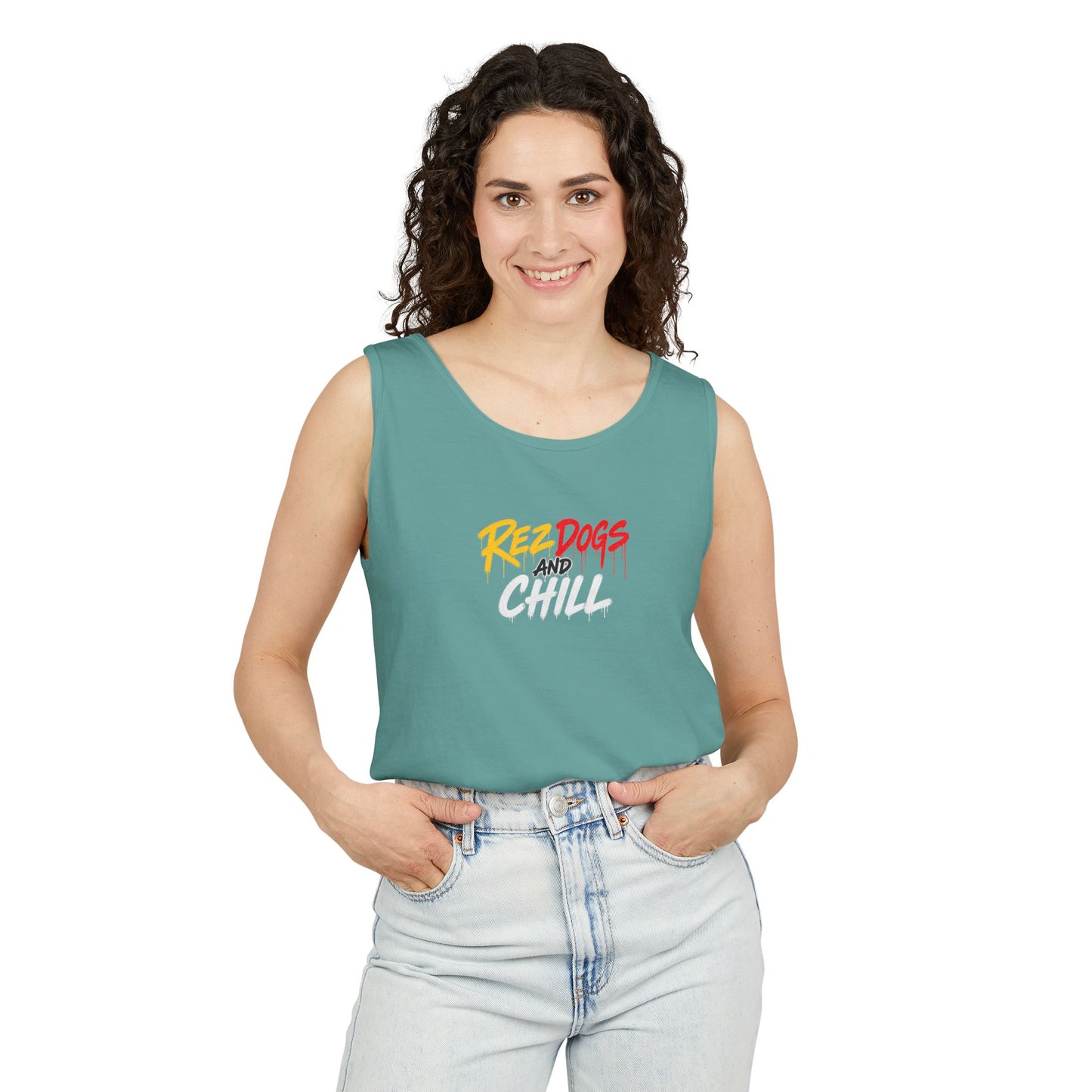 Tank Top — "Red Dogs and Chill" Retro Beach Vibe Sleeveless Tee