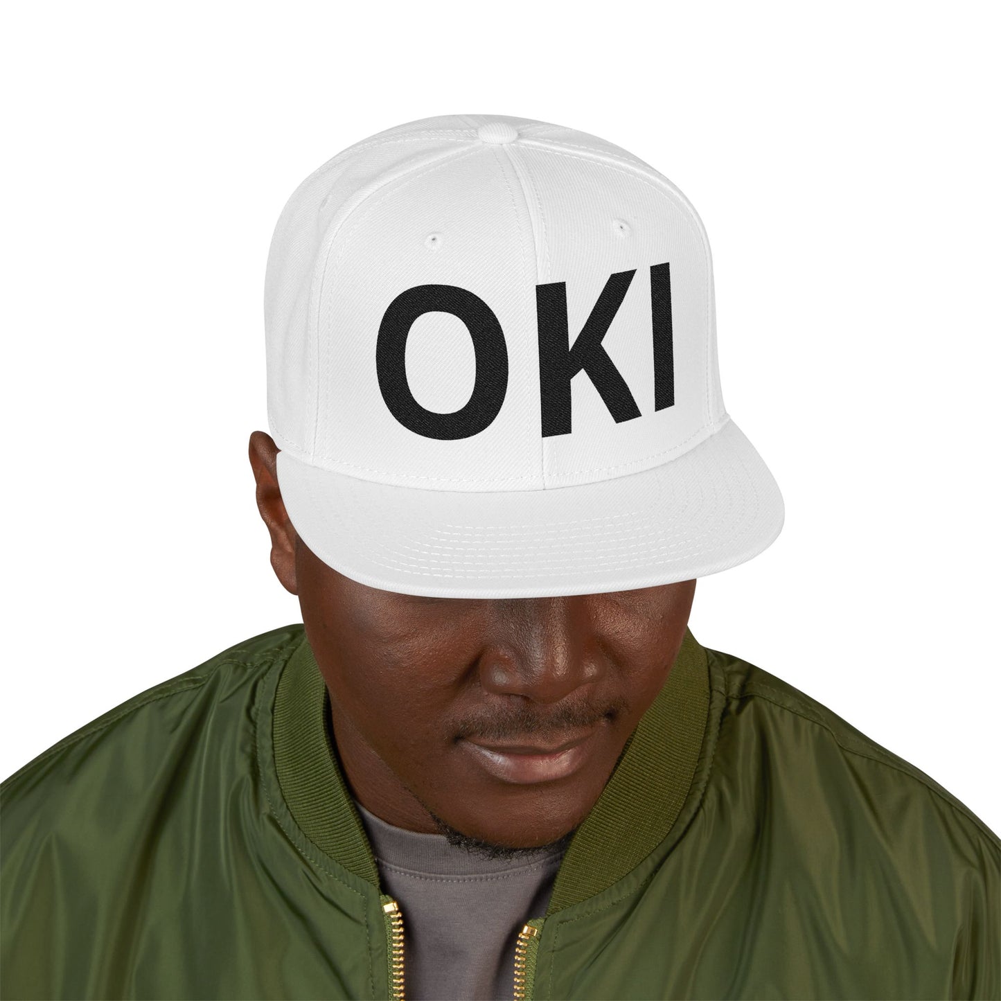 Embroidered “Oki” means “Hello” in Blackfoot language - Black Snapback Hat — Minimalist Streetwear Cap