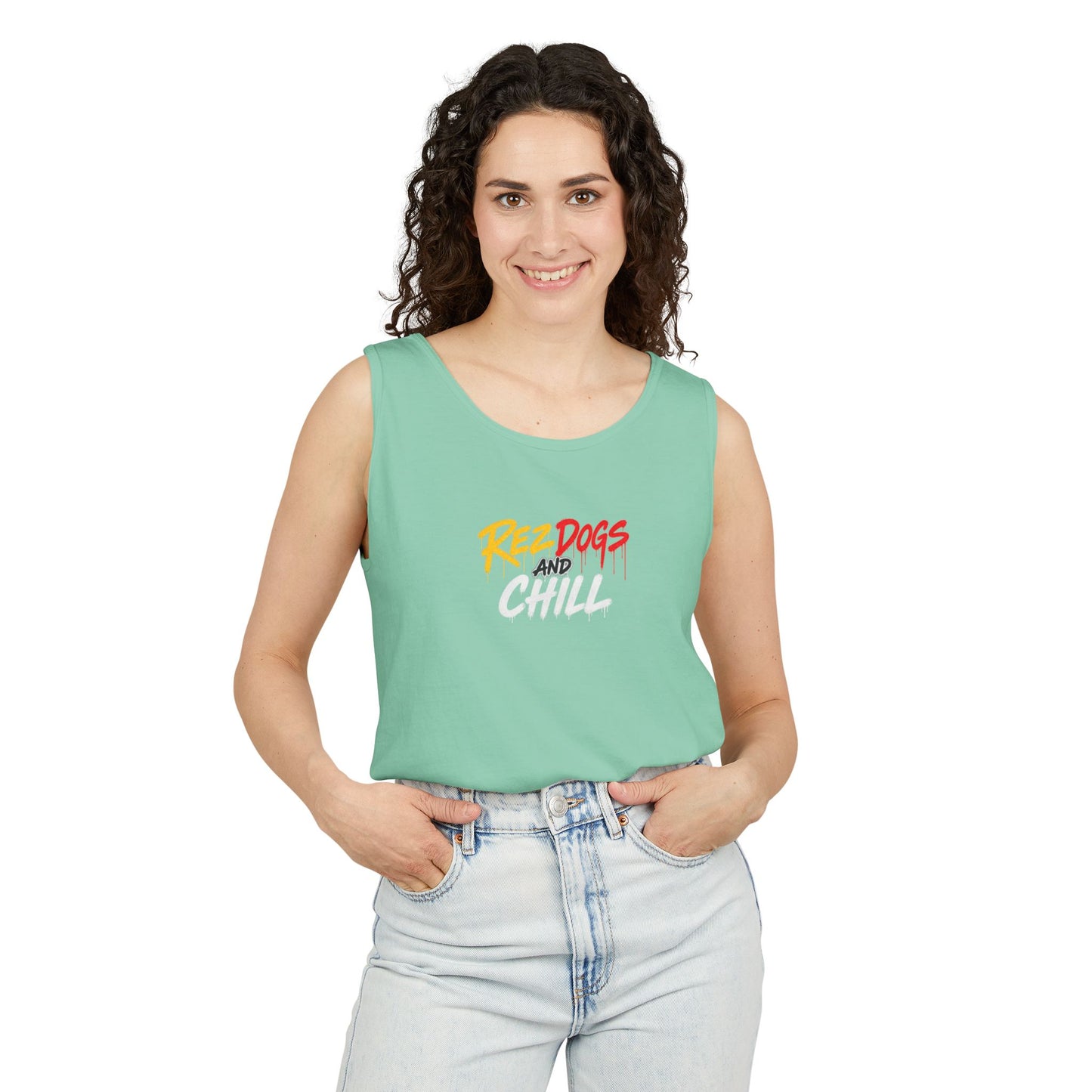 Tank Top — "Red Dogs and Chill" Retro Beach Vibe Sleeveless Tee