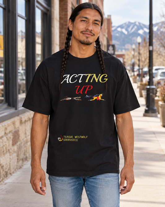AI-generated lifestyle mockup of the black Acting Up horse graphic oversized tee on a braided male model in Montana.