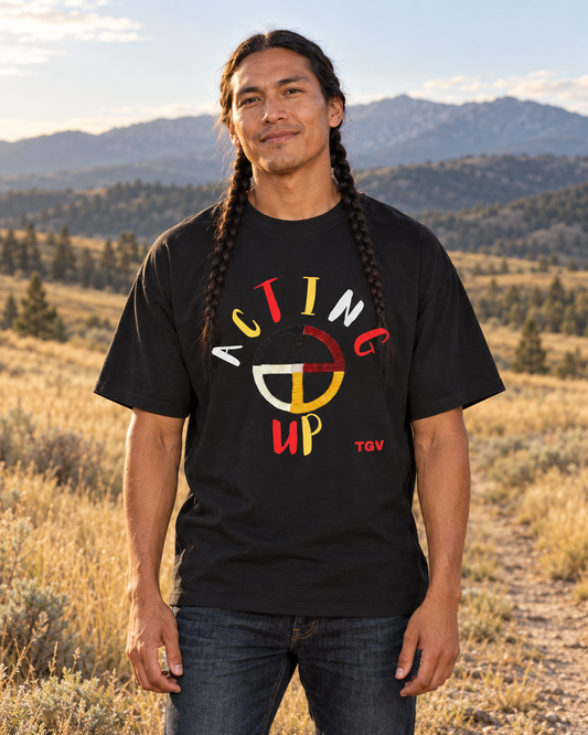 AI-generated lifestyle mockup of the black Acting Up medicine wheel oversized tee on a braided male model in Montana.