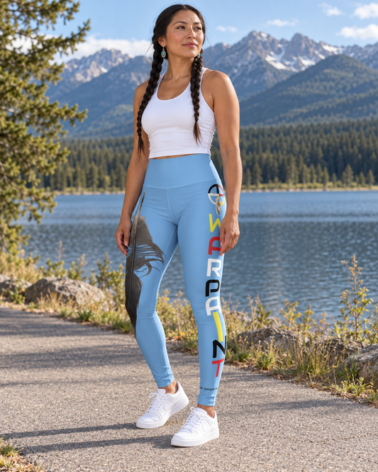 AI-generated lifestyle mockup of blue Eagle Feather WarPaint leggings on a model in Montana.