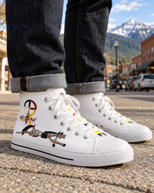 AI-generated lifestyle image of 406Roots - Wear Your WarPaint - Men's High Top Sneakers MSRP $60