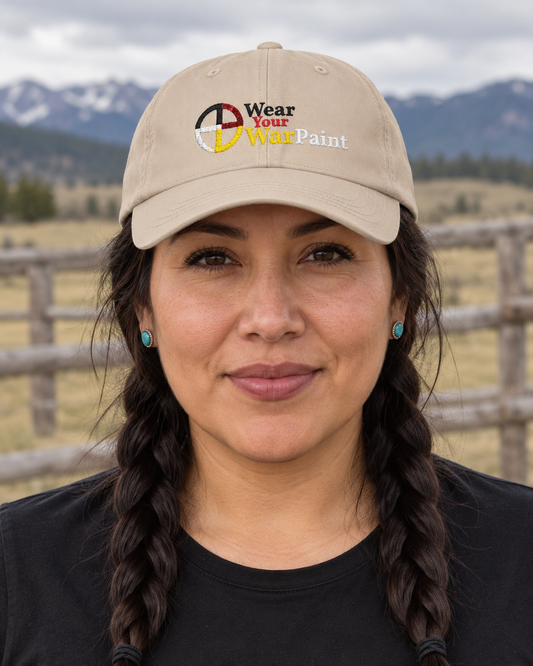 AI-generated lifestyle portrait showing the beige Wear Your WarPaint medicine wheel dad cap.