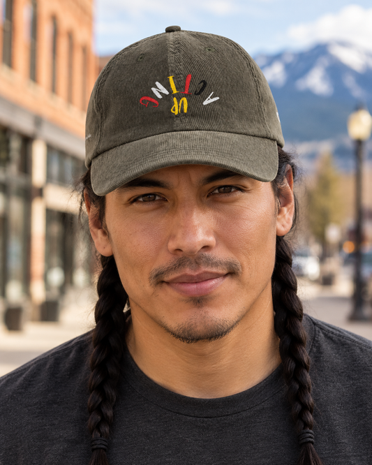 AI-generated lifestyle mockup of olive Acting Up corduroy cap on a braided male model in Montana.