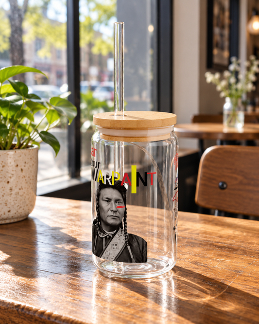 AI-generated lifestyle image of Hinmatóowyalahtq̓it (Also known as Chief Joseph) or the Nimíipuu ("We, The People") also know as the New Pierce Tribe - Sipper Glass, 16oz
