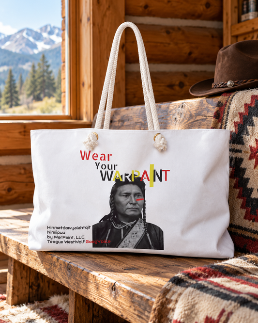AI-generated lifestyle image of Hinmatóowyalahtq̓it-Chief Joseph of the Nimíipuu ("We, The People") also known as Nez Pierce - Weekender Bag