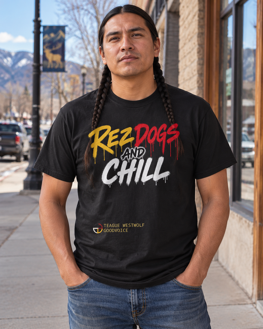 AI-generated lifestyle image of Rez Dogs and Chill by Teague WestWolf GoodVoice T-Shirt