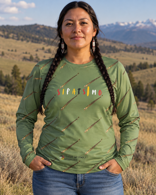 AI-generated lifestyle image of Sipatsimo (Sweet Grass in Blackfoot language) Long Sleeve Shirt