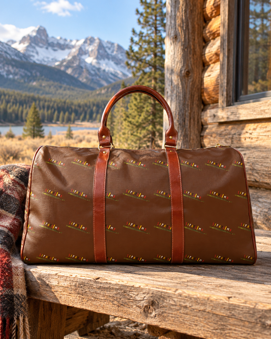 AI-generated lifestyle image of SIPATSIMO - Waterproof Travel Bag - Brown Monogram Duffle with SIPATSIMO Vertical Logo
