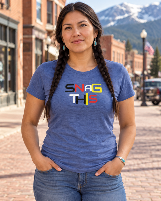 AI-generated lifestyle image of Snag This by Teague WestWolf GoodVoice (Blackfeet Tribe) - Women's Favorite Tee