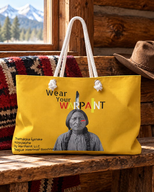 AI-generated lifestyle image of Tȟatȟáŋka Íyotake (Also known as Chief Sitting Bull) of the Húŋkpapȟa Tribe (Also known as Hunkpapa Lakota) Weekender Bag