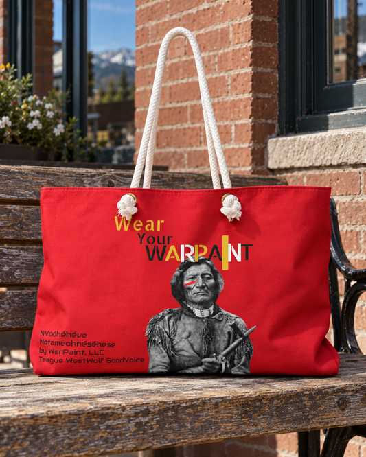 AI-generated lifestyle image of Vóóhéhéve (Chief Morning Star also known as Chief Dull Knife) of the Notameohmésêhese (Northern Cheyenne Tribe) - Weekender Bag