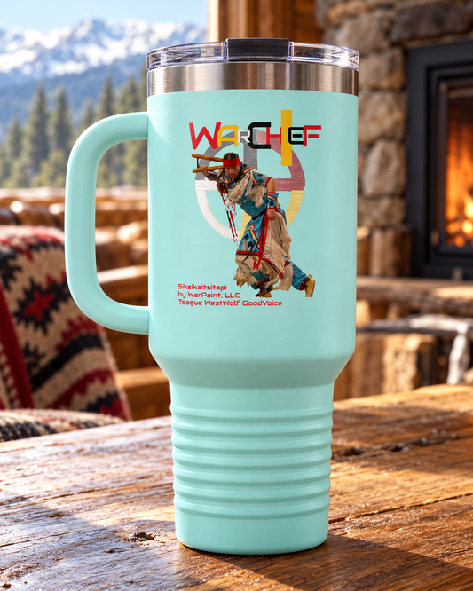 AI-generated lifestyle image of WarChief - Teague WestWolf GoodVoice (Self Portrait) Siksikaitsitapi (Blackfoot) - Insulated Travel Mug, 40oz