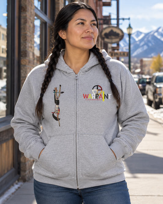 AI-generated lifestyle image of Wear Your KAAPOISAAMIIKSI ("Women's StandUp HeadDress Society" Blackfoot Language) by Teague WestWolf GoodVoice (Blackfoot) Unisex Heavy Blend™ Full Zip Hooded Sweatshirt Native American Indigenous