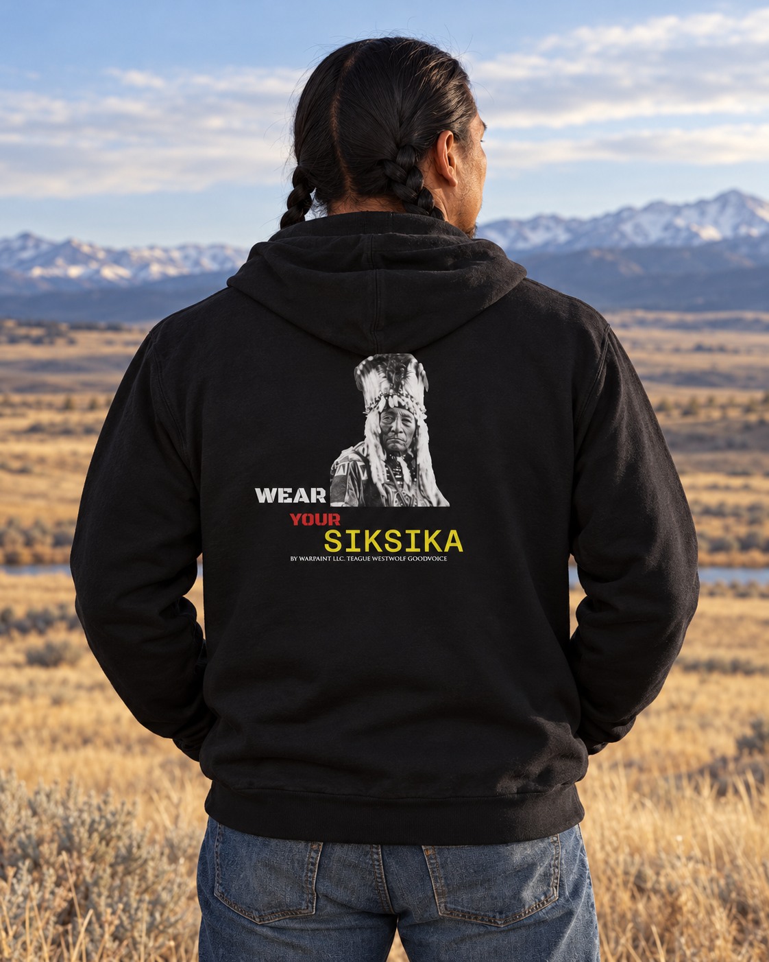 AI-generated lifestyle image of Wear Your Siksika - Unisex Heavy Blend™ Full Zip Hooded Sweatshirt - Teague WestWolf GoodVoice (Blackfoot) Native American Indigenous Made in the USA