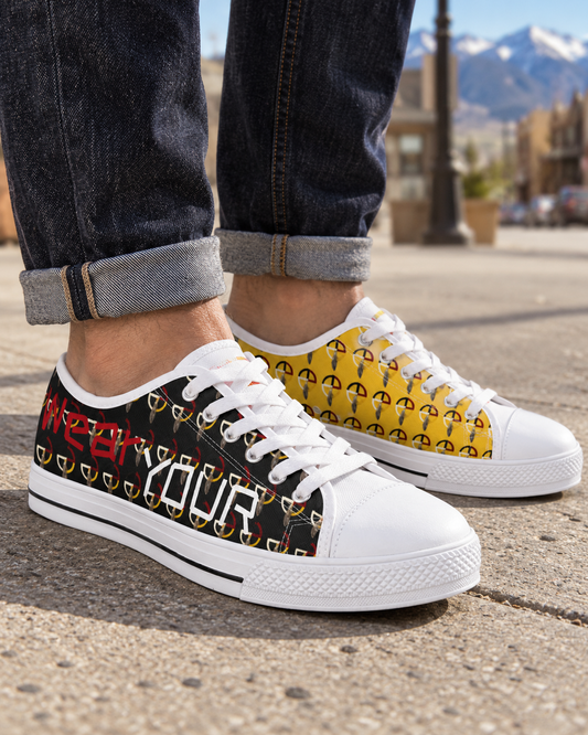 AI-generated lifestyle image of Wear Your WarPaint Low Top Sneakers by Teague WestWolf GoodVoice | Trendy Casual Footwear