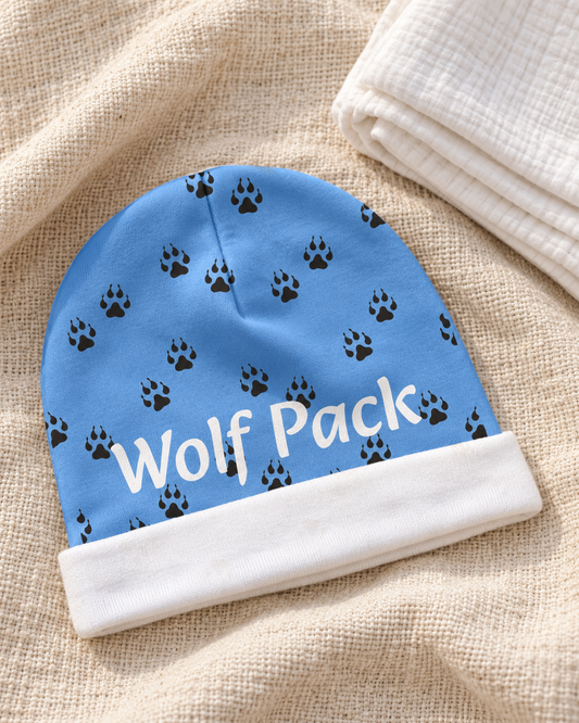 AI-generated lifestyle image of Wolf Pack - Baby Beanie (AOP)