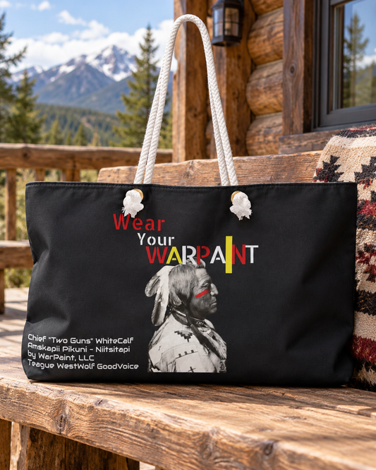 AI-generated lifestyle image of Amskapii Pikuni (Blackfeet Nation) of the Niitsitapi (Blackfoot Confederacy) Chief "Two Guns" White Calf-Weekender Bag