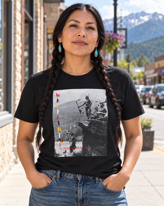 AI-generated lifestyle image of Blackfeet WarChief’s Wear Your WarPaint by Teague GoodVoice WestWolf - Unisex Heavy Cotton Tee