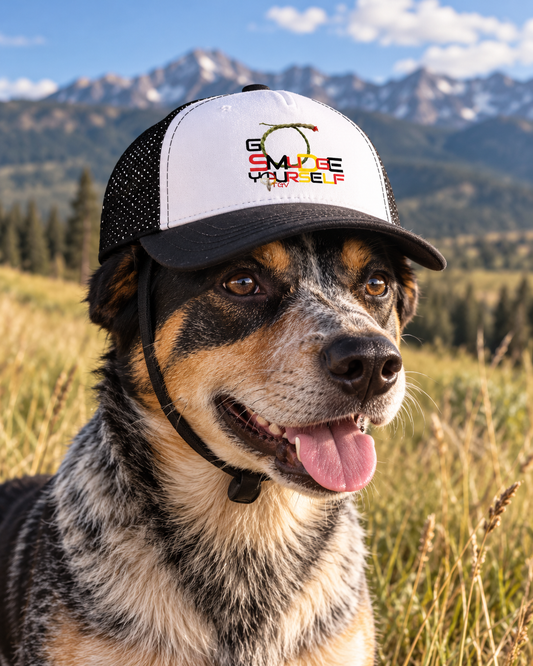 AI-generated lifestyle image of Dog Foam Trucker Hat — "Go Smudge Yourself" Embroidered Foam Trucker Cap