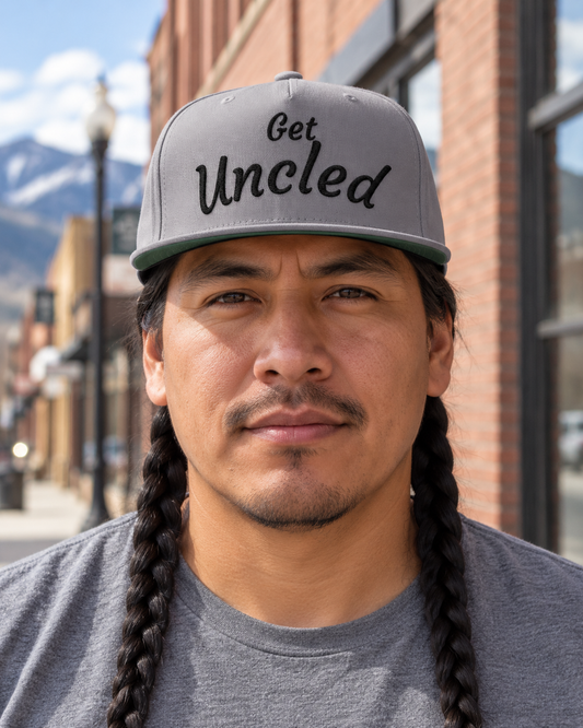 AI-generated lifestyle image of Flat Bill Cap — "Get Uncled" Embroidered Snapback Hat