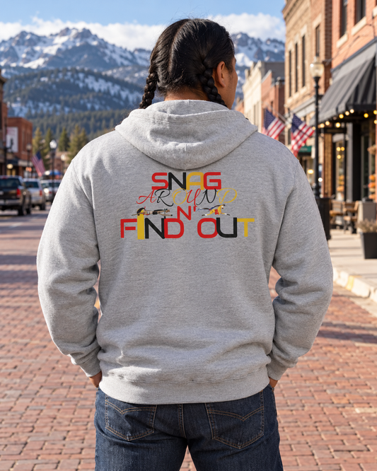 AI-generated lifestyle image of Full Zip Hooded Sweatshirt - Go Smudge YourSelf by Teague WestWolf GoodVoice, Native American Indigenous Made Blackfoot