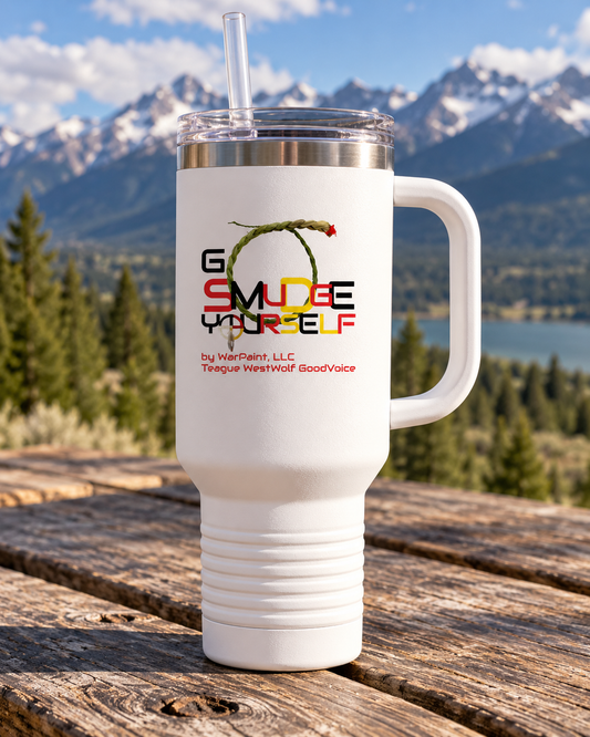 AI-generated lifestyle image of Go Smude YourSelf by Teague WestWolf GoodVoice - Insulated Travel Mug, 40oz
