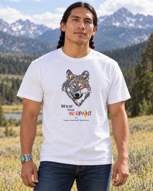 AI-generated lifestyle mockup of the white Wear Your WarPaint Wolf tee on a braided male model in Montana.